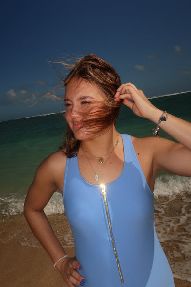 Jenna - Stardust Blue Zipper One-Piece Swimsuit - $74