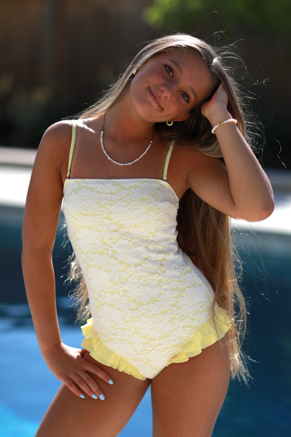Tween Audrey - Butter Yellow Lace One-Piece