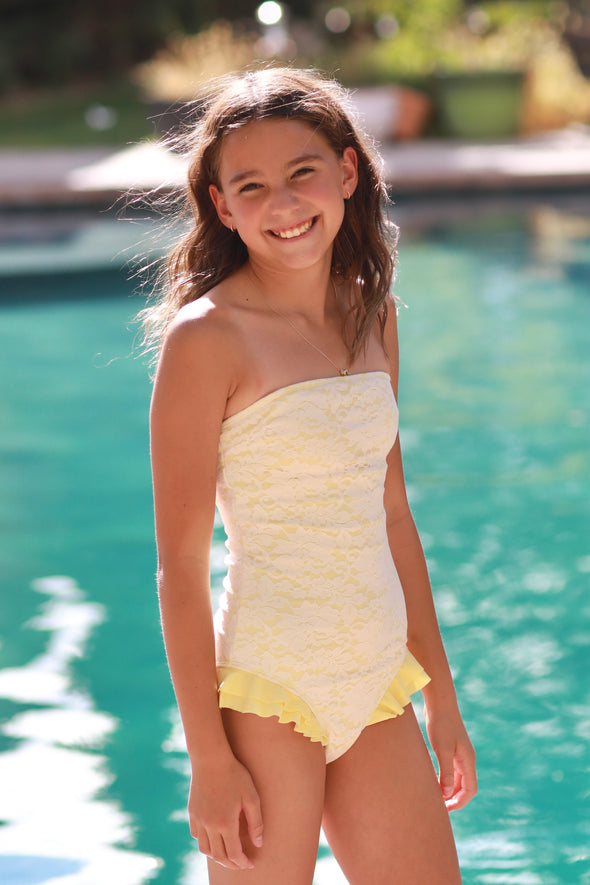 Tween Audrey - Butter Yellow Lace One-Piece