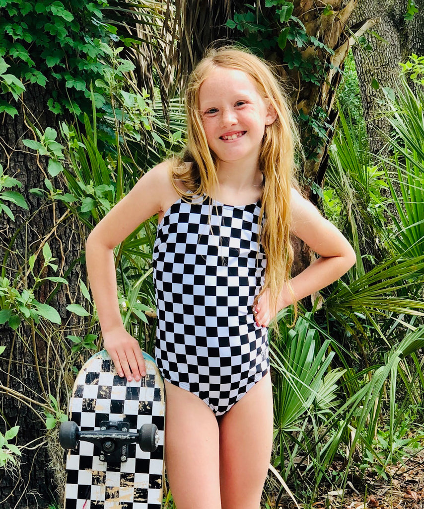 Checker Print Teen Swimsuit Modest One Piece Tween Bathing Suit Girls Black  & White Checkered Racing Flag, Gingham, Check Print Swimwear 