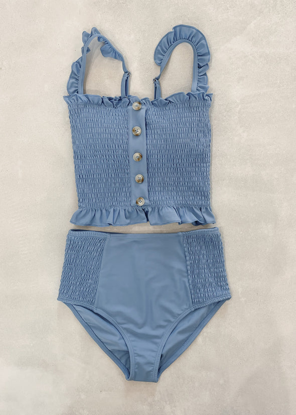 Tween Alayna - Dusk Blue Smocked Tankini - $32